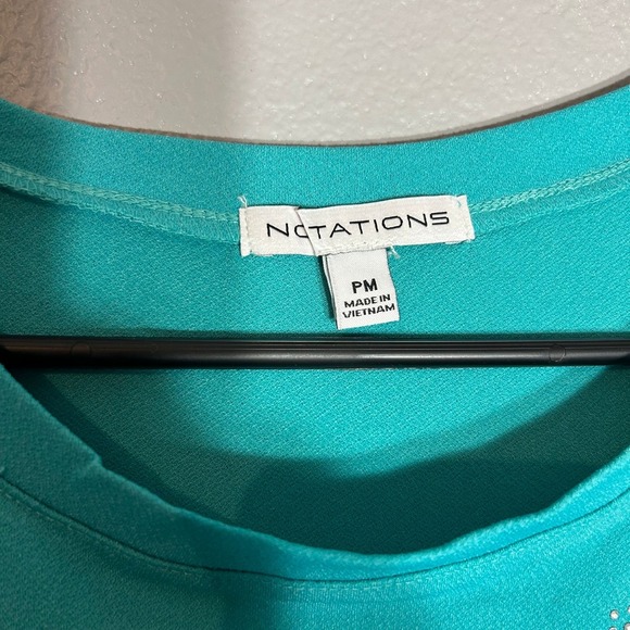 Notations Embellished Top Blouse 3/4 Sleeve Jewel Neck Teal Blue Size PM - Picture 4 of 7